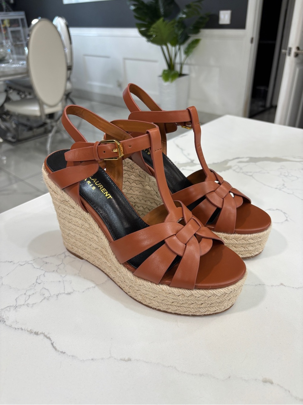 Saint Laurent Tan Leather Espadrille Wedge Sandals